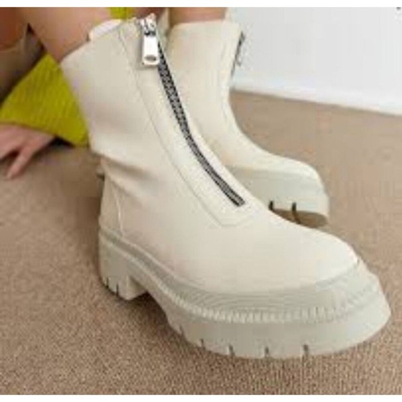 Zara Shoes - ZARA Ecru Chunky Lug Sole Front Zip Ankle Boots